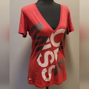 Nike Red V-Neck Graphic Tee with Black and White Logo